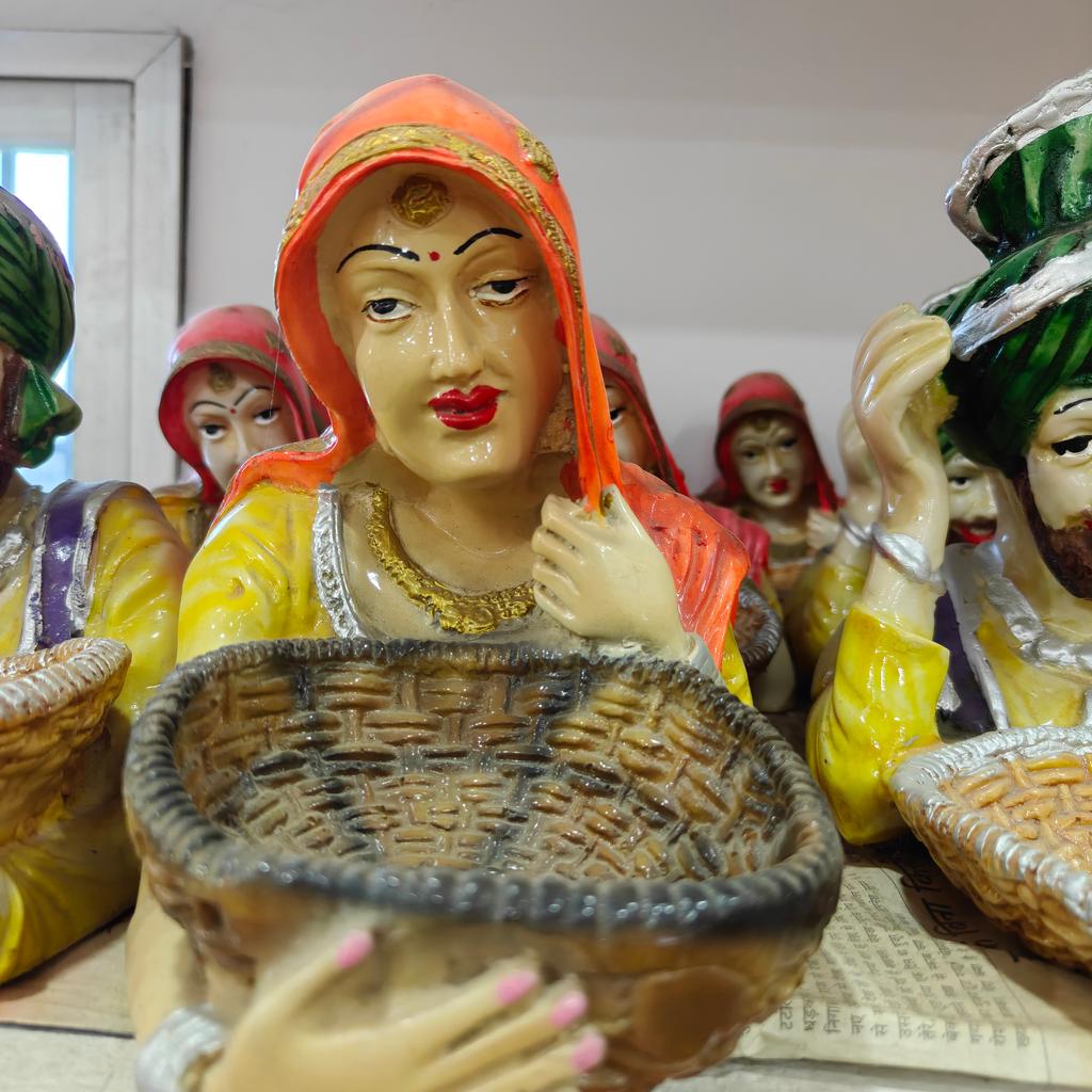 Indian Woman Statue | Clay | Orange | Decorative