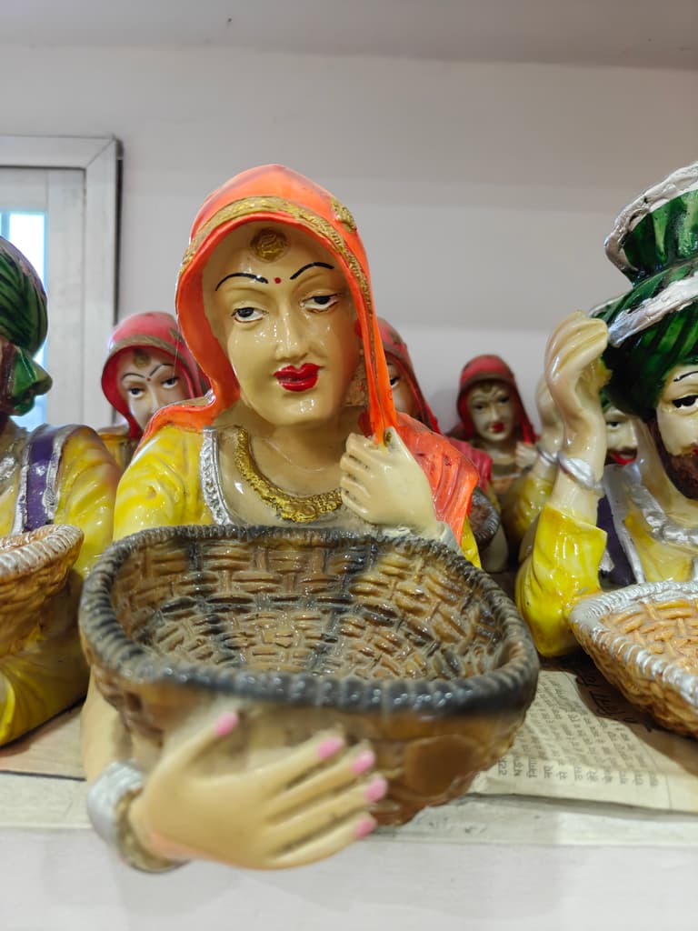 Indian Woman Statue | Clay | Orange | Decorative