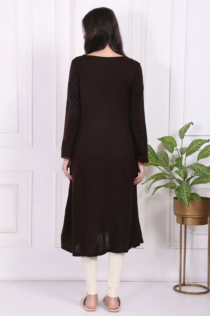 Brown Thread Embroidered Acrylic Flared A-line Kurta — photo 5