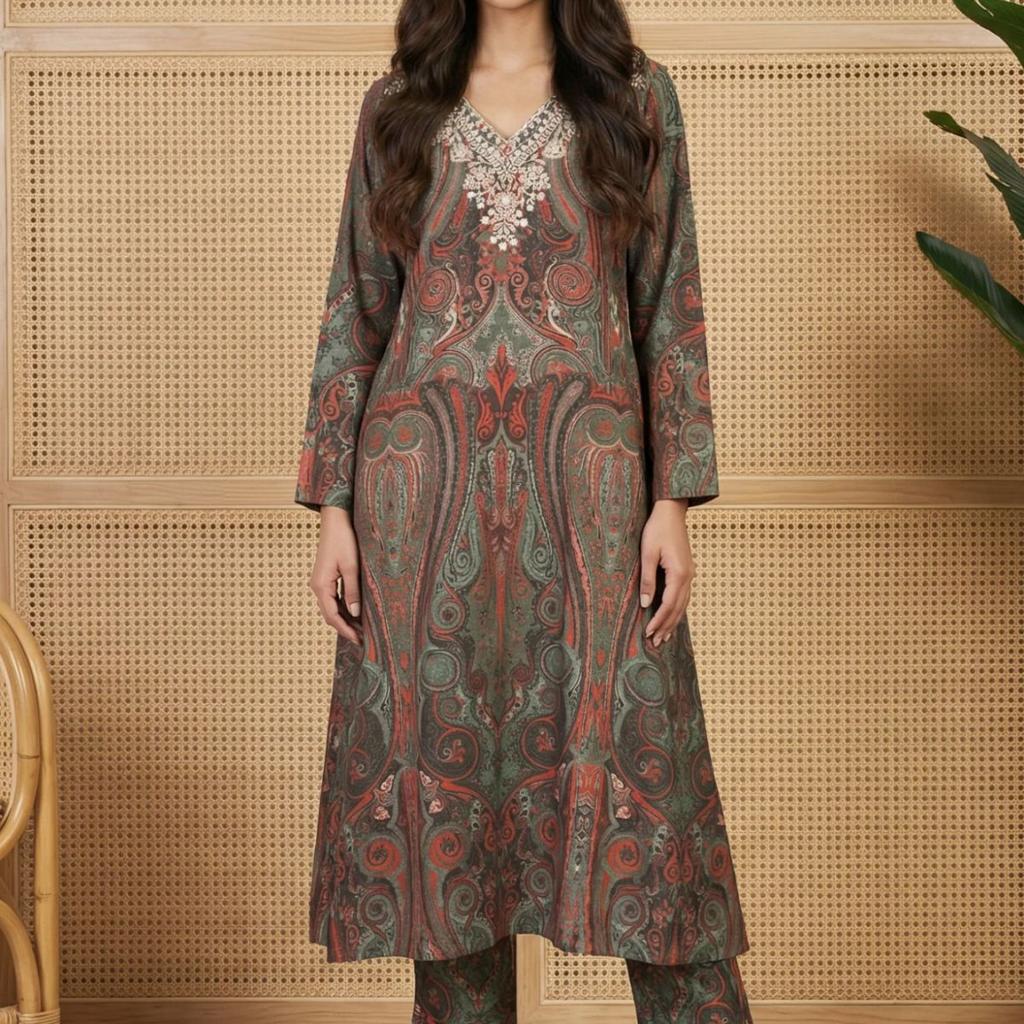 Green Paisley Mettalic Embroidered Pashmina Shimmer Anarkali Kurta with Straight Pants Set