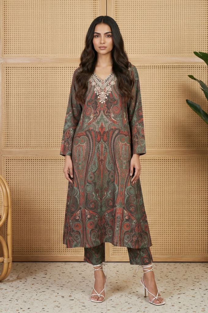 Green Paisley Mettalic Embroidered Pashmina Shimmer Anarkali Kurta with Straight Pants Set