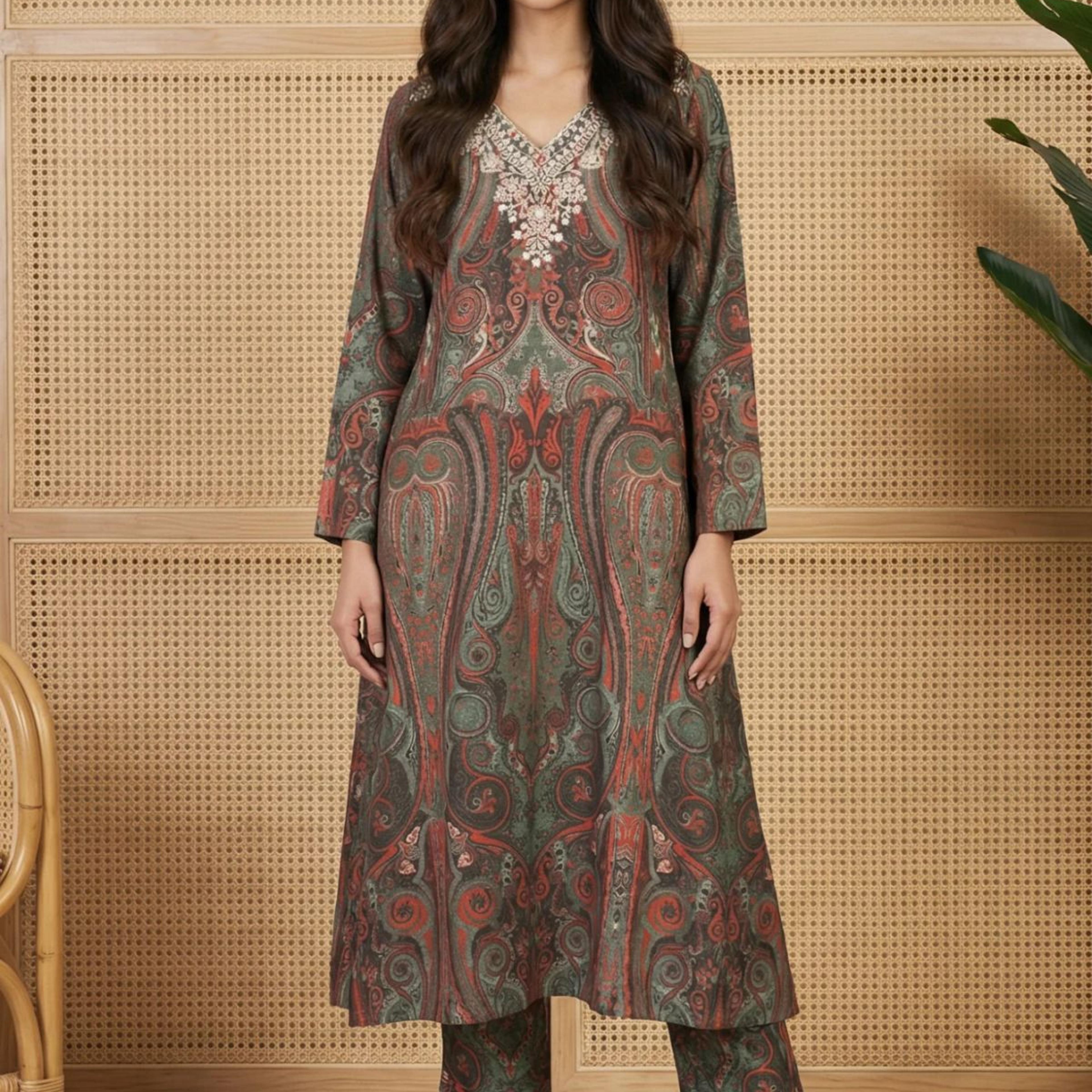 Green Paisley Mettalic Embroidered Pashmina Shimmer Anarkali Kurta with Straight Pants Set