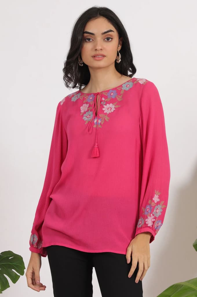 Pink Embroidered Rayon Crepe Straight Top — photo 2