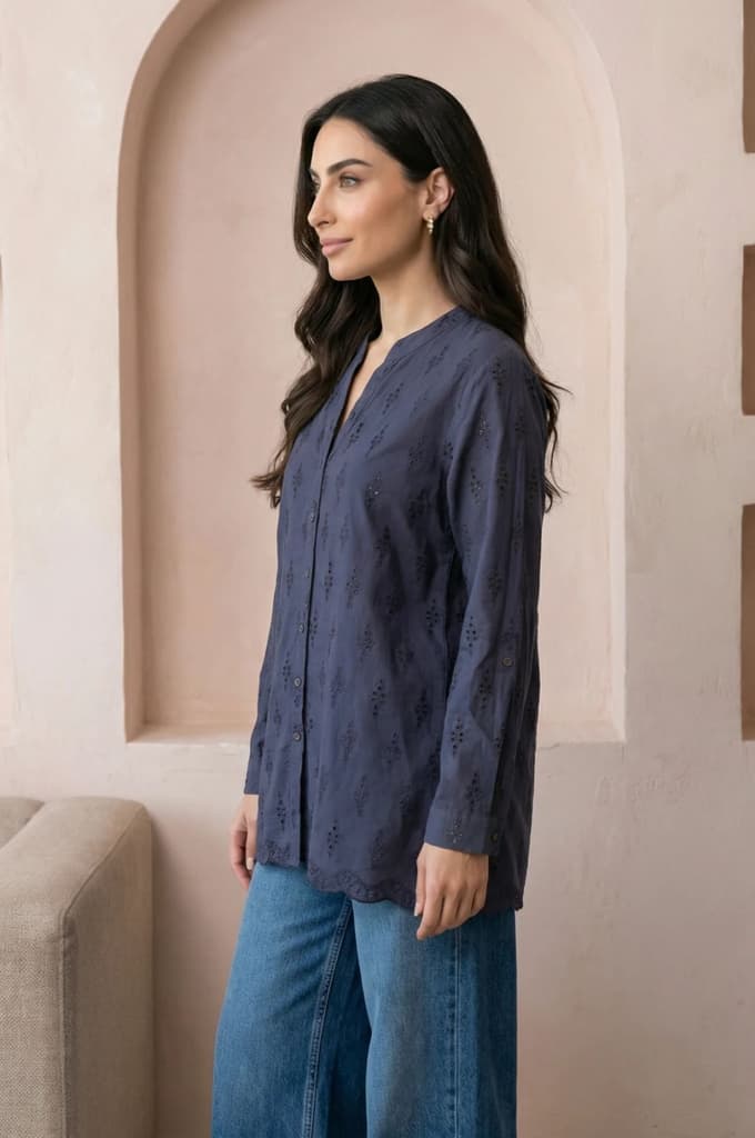 Navy Blue Schiffli Pure Cotton Straight Shirt — photo 4