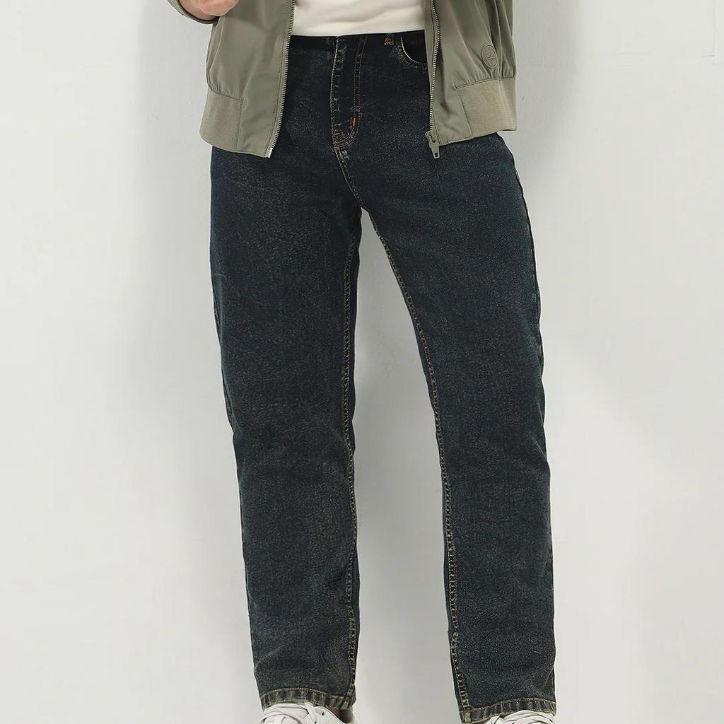 Men's Dark Blue Straight Fit Heavy Washed Jeans Stretchable