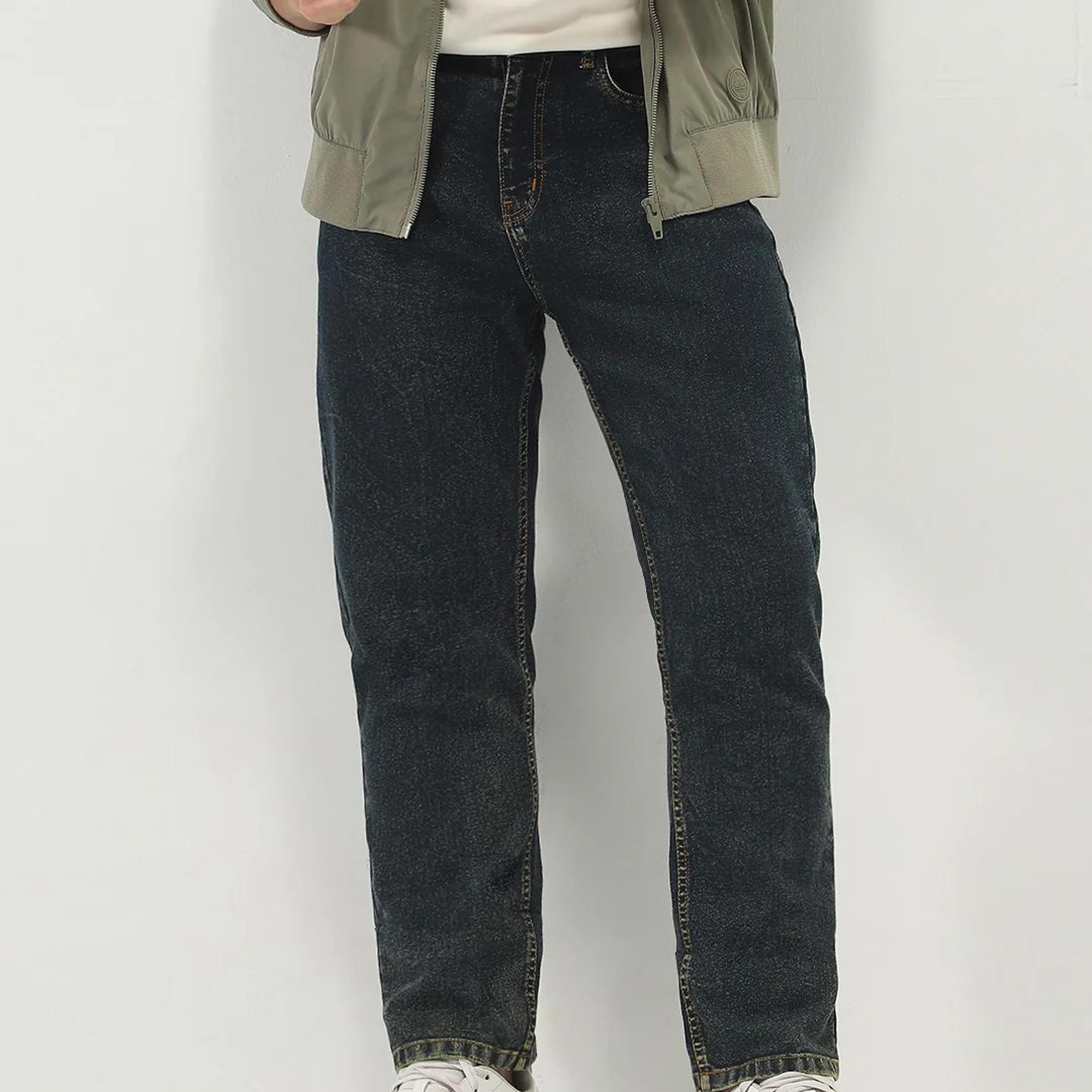 Men's Dark Blue Straight Fit Heavy Washed Jeans Stretchable