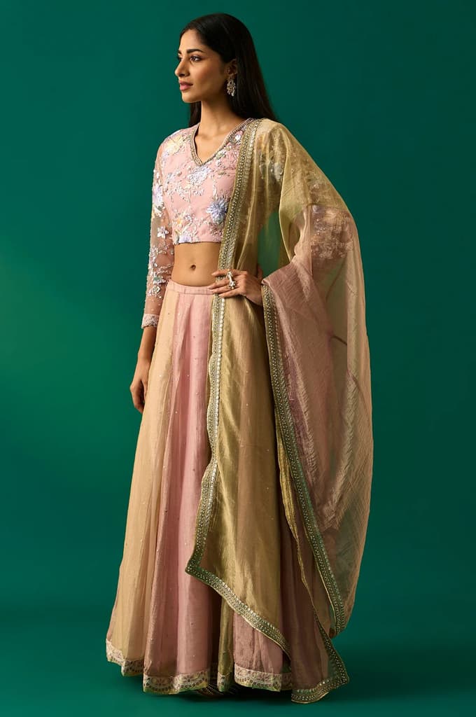 Pink Embroidered Tissue Blouse with Skirt and Dupatta Set — photo 3