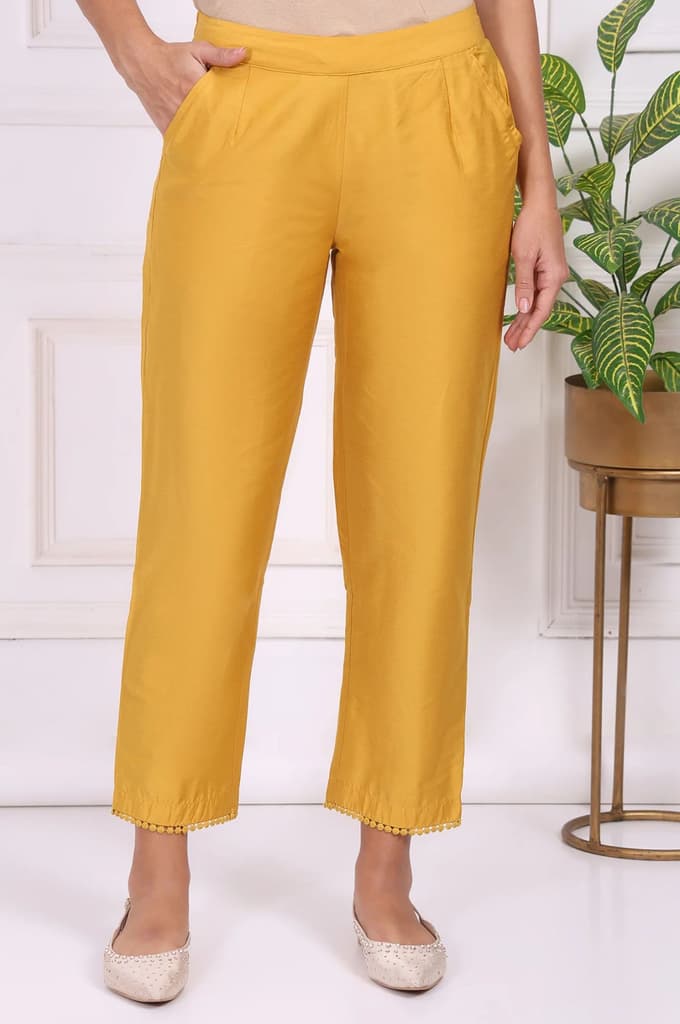 Yellow Solid Ankle Length Straight Pants — S
