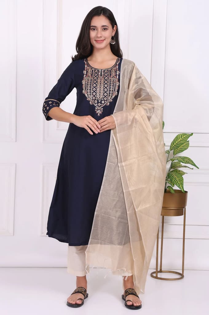 Navy Blue Embroidered Straight Kurta and Pants Set with Dupatta — photo 2