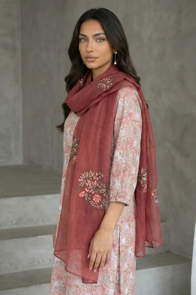 Maroon Floral Embroidered Organza Dupatta — photo 5