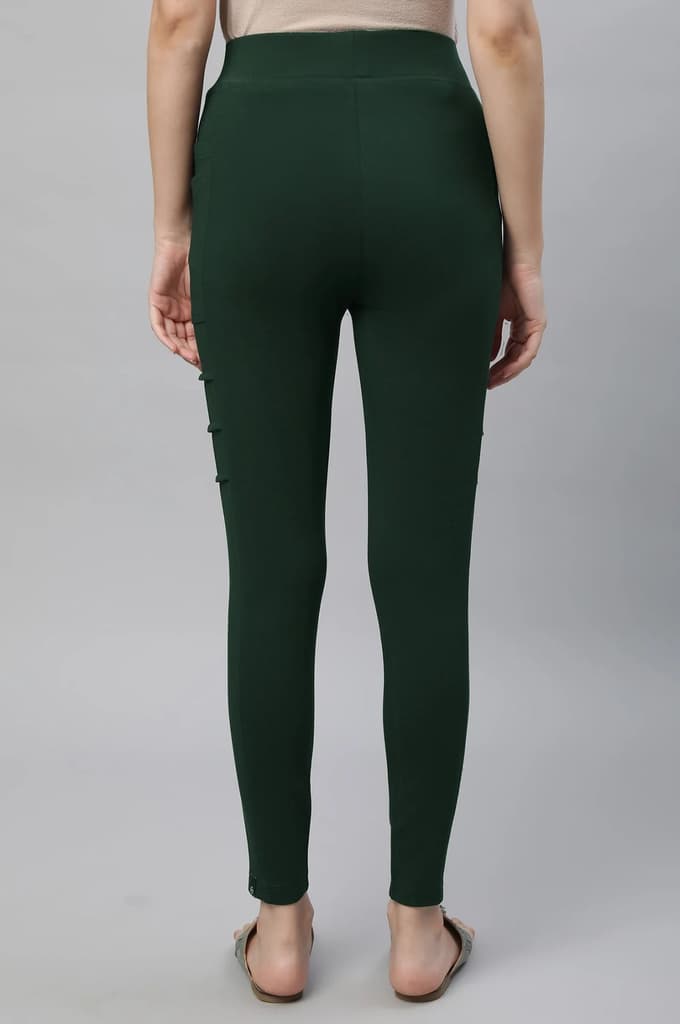 Bottle Green Solid Skinny Fit Tights With Side Pockets — photo 4