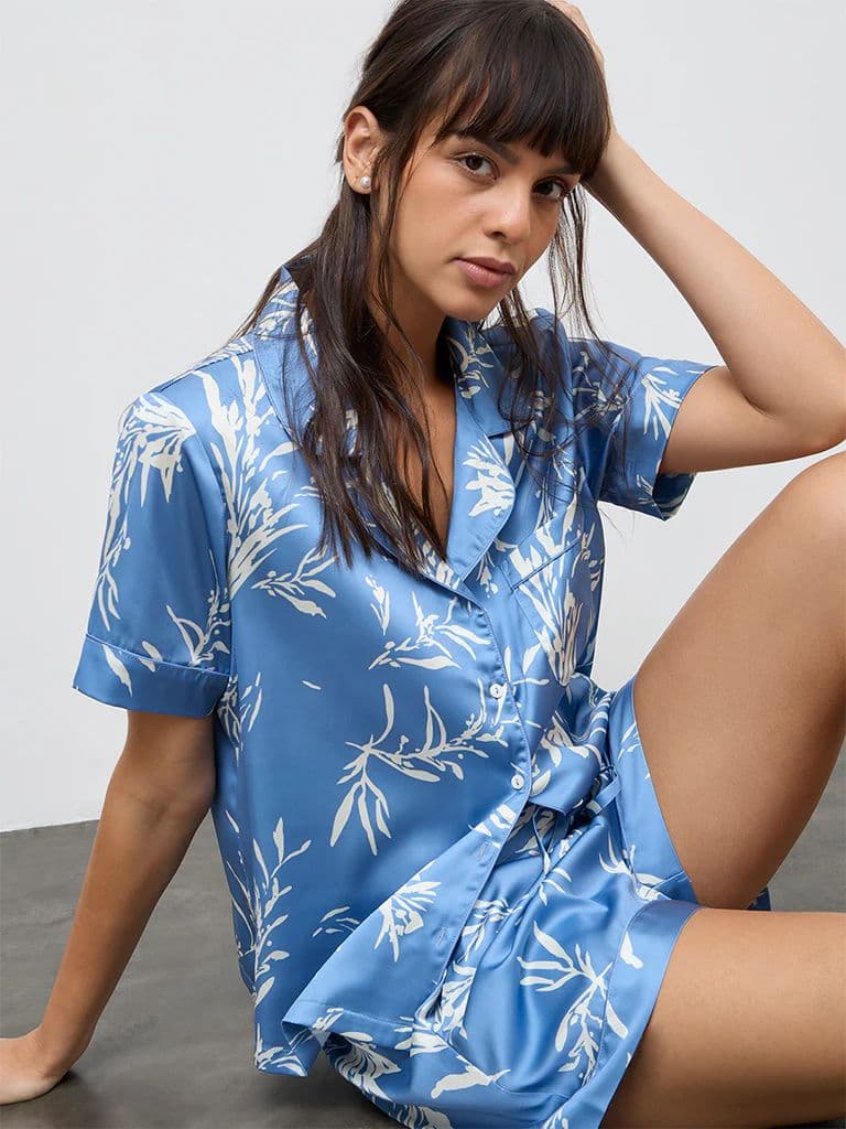Wunderlove Blue Foliage Printed Shirt and Shorts Set — photo 2
