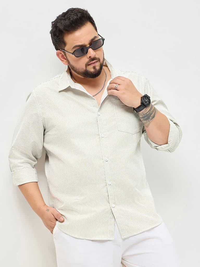 Plus Men's Light Olive Cotton Full Sleeve Regular Fit Casual Striped Shirt — photo 2