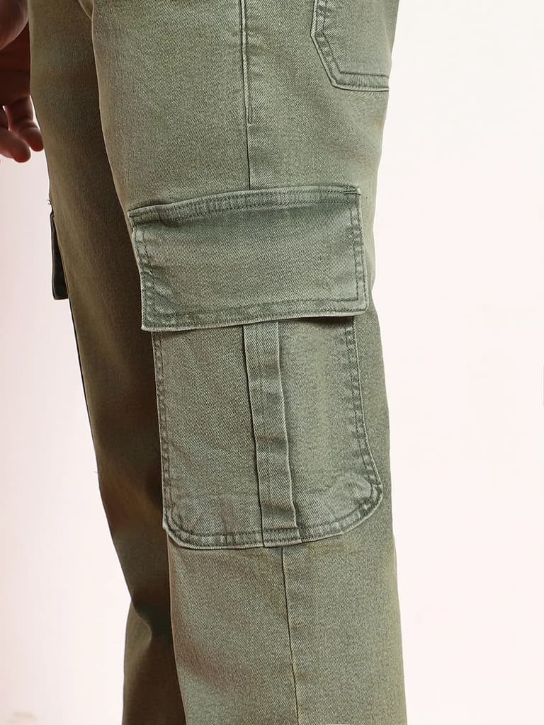 Men's Olive Green Regular Fit Washed Cargo Jeans With 6 Pockets Stretchable — photo 6