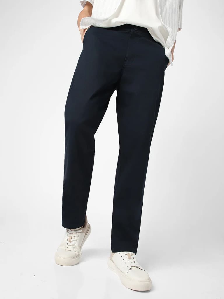 Men's Navy Blue Cotton Regular Fit Casual Chinos Trousers Stretch — 28 / Navy Blue