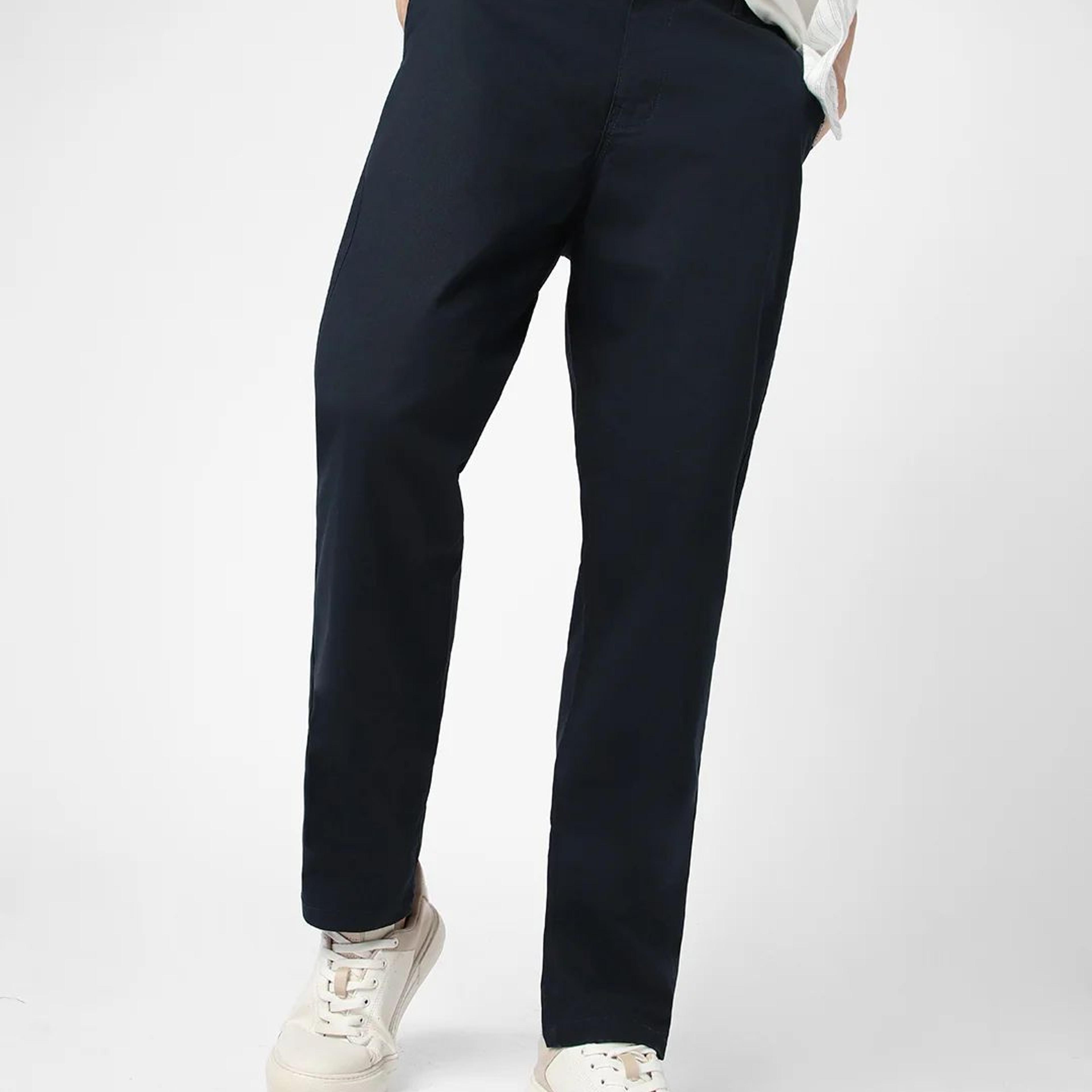 Men's Navy Blue Cotton Regular Fit Casual Chinos Trousers Stretch