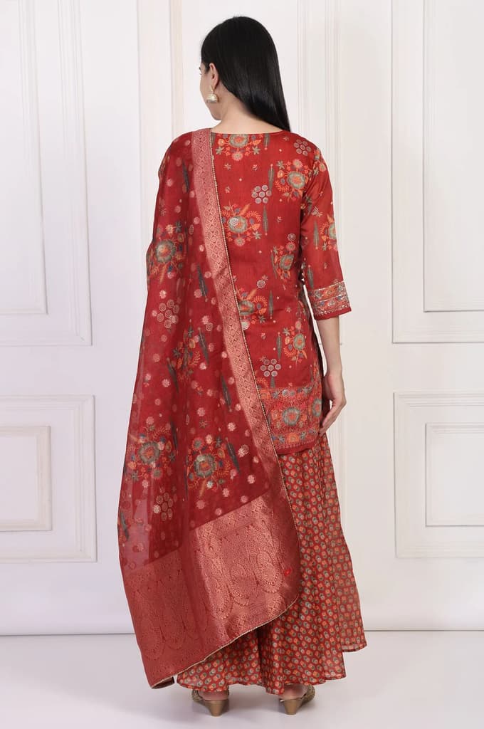 Red Embroidered Straight Jacquard Kurta with Sharara and Dupatta Set — photo 6