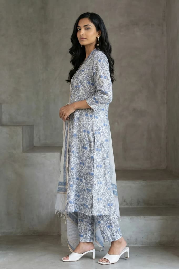 White Block Printed Pure Cotton Straight Kurta with Pants and Dupatta Set — photo 4
