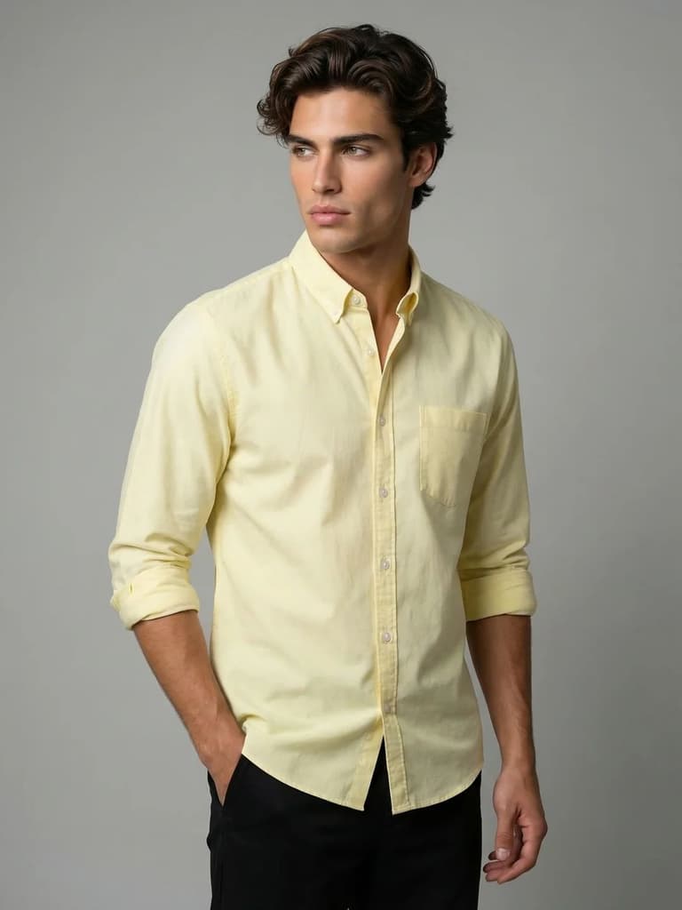 Men's Yellow Cotton Full Sleeve Regular Fit Solid Oxford Shirt With Button-Down Collar — photo 2