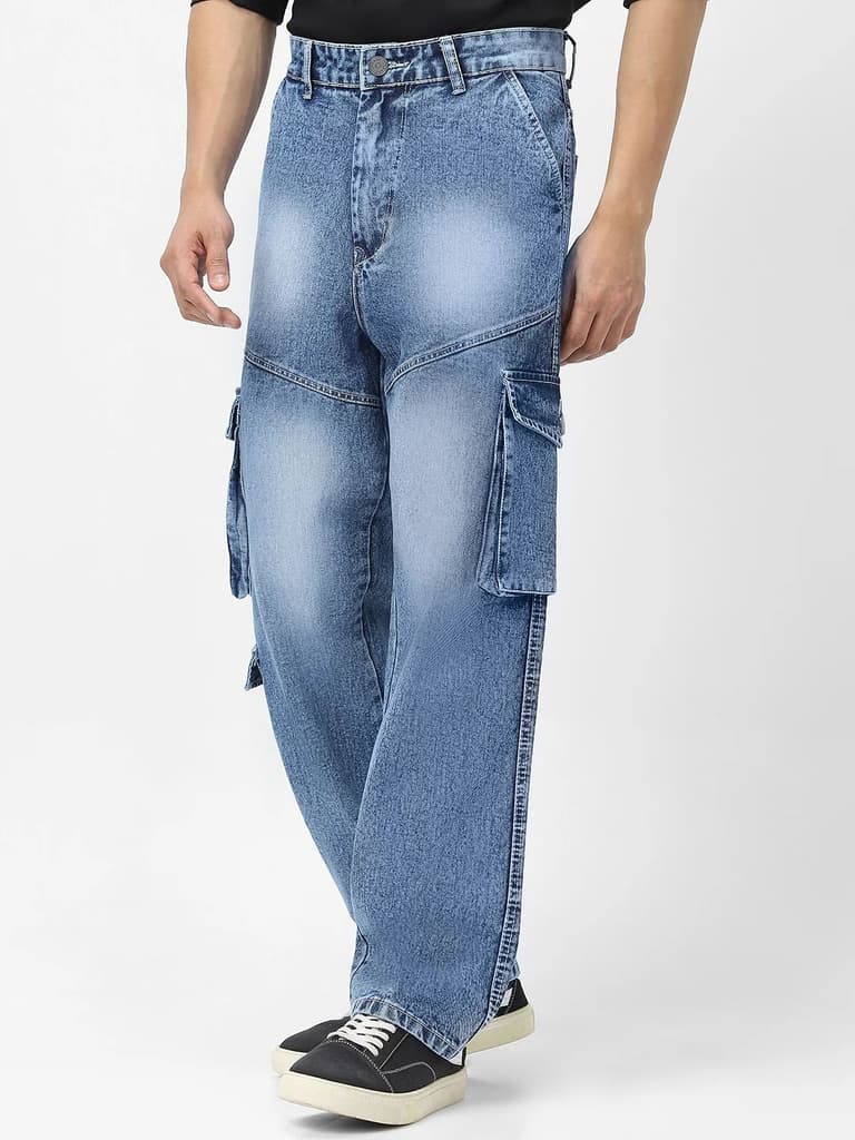 Men's Light Blue Loose Fit Cargo Jeans With 7 Pockets Non Stretchable — photo 2