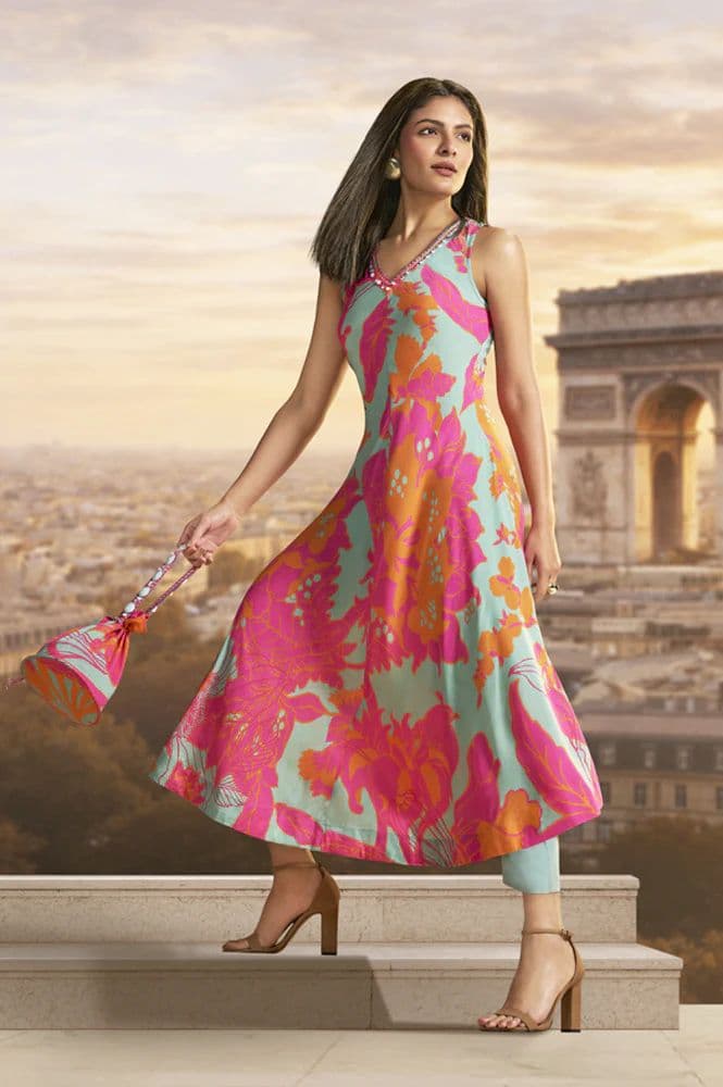 Green Floral Printed Modal A-line Kurta with Straight Pants Set — XS