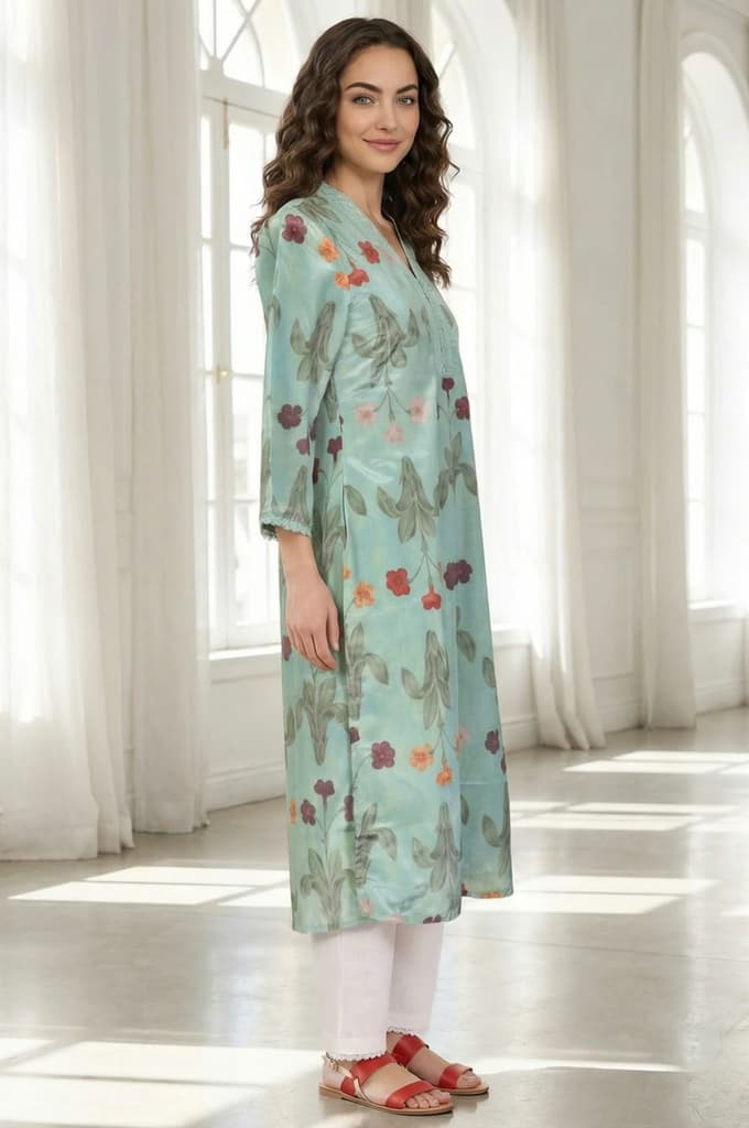 Sea Green Floral Printed Straight Kurta with Lace — photo 5