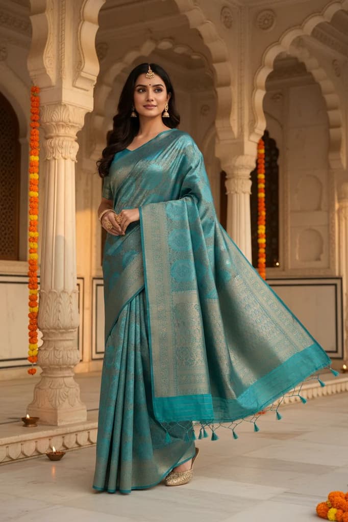 MIMOSA Women's Woven Design Kanjivaram Style Art Silk Saree with Blouse Piece - Saffire ( SA00002246SFFREE ) — photo 2