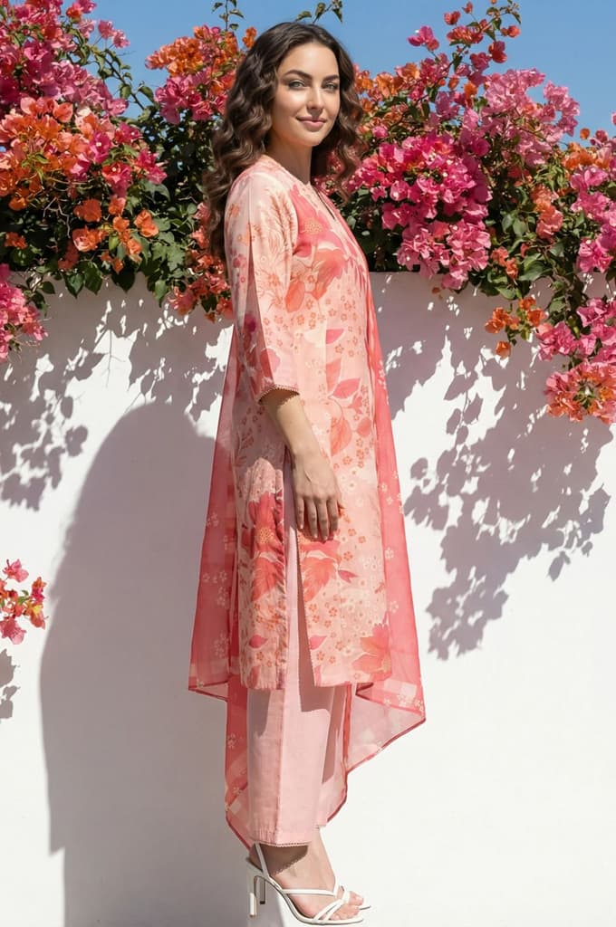 Peach Floral Printed Straight Chanderi Kurta with Pants and Dupatta Set — photo 4