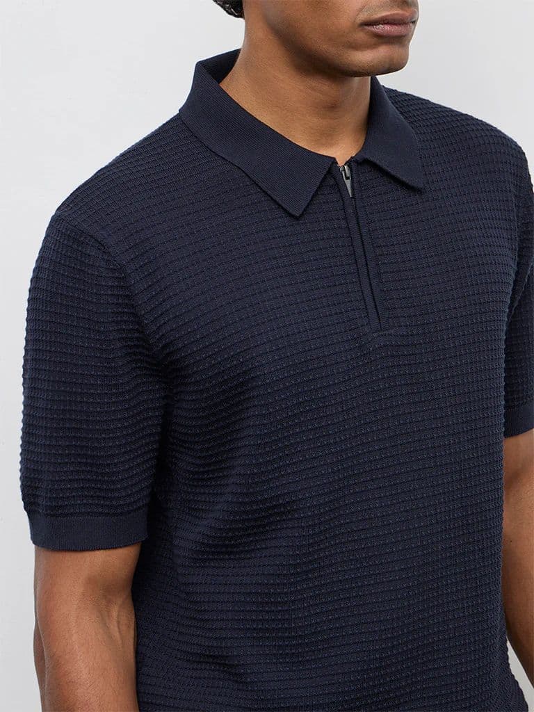 Ascot Navy Knit-Textured Relaxed-Fit Cotton T-Shirt — photo 4