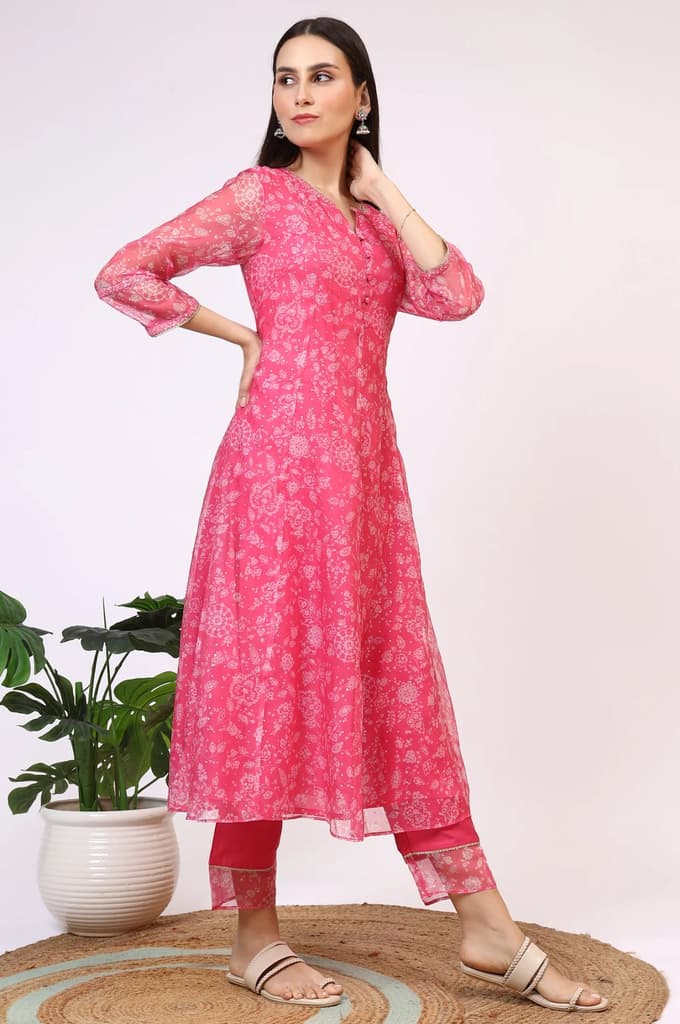 Pink Printed Organza A-line Kurta, Pants and Dupatta Set — photo 7