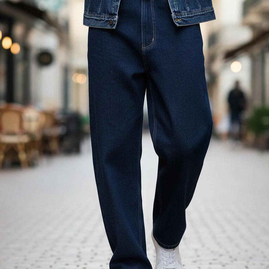 Men's Dark Blue Loose Baggy Fit Raw Washed Denim Jeans Non-Stretchable