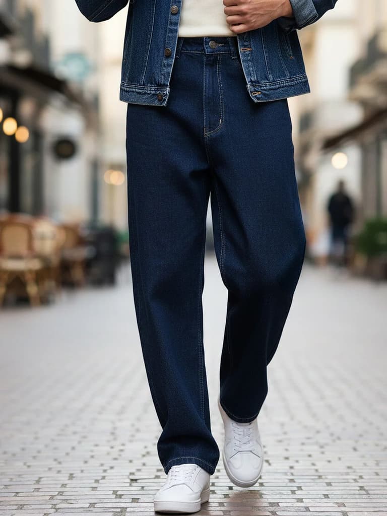 Men's Dark Blue Loose Baggy Fit Raw Washed Denim Jeans Non-Stretchable — 28 / Dark Blue