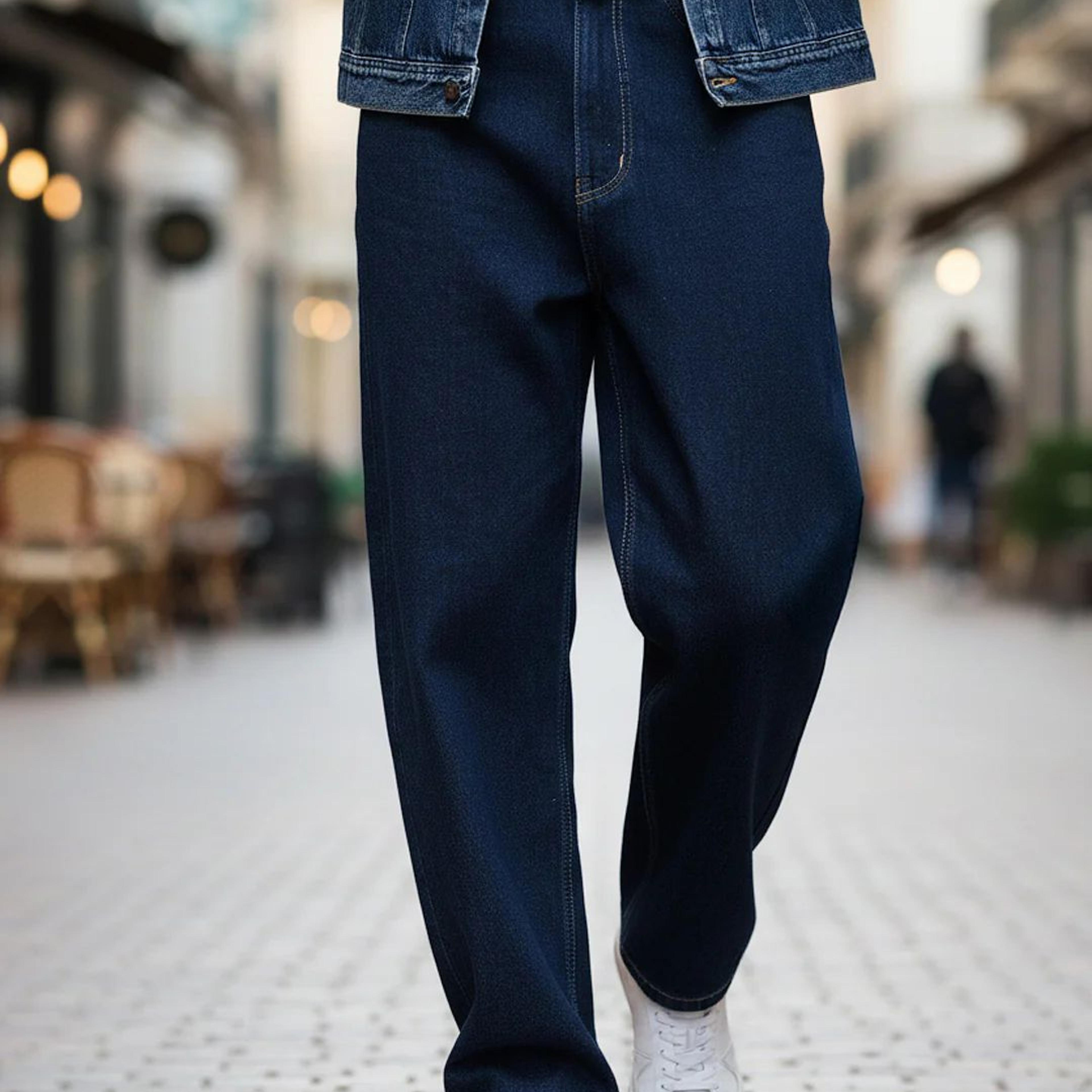 Men's Dark Blue Loose Baggy Fit Raw Washed Denim Jeans Non-Stretchable