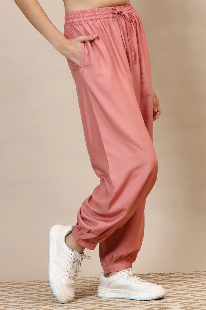Pink Solid Loose Fit Rayon Dhoti Pants With Drawstring — photo 5