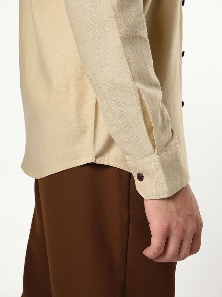 Men's Beige Linen Blend Full Sleeve Relaxed Fit Mandarin Collar Casual Solid Shirt — photo 6