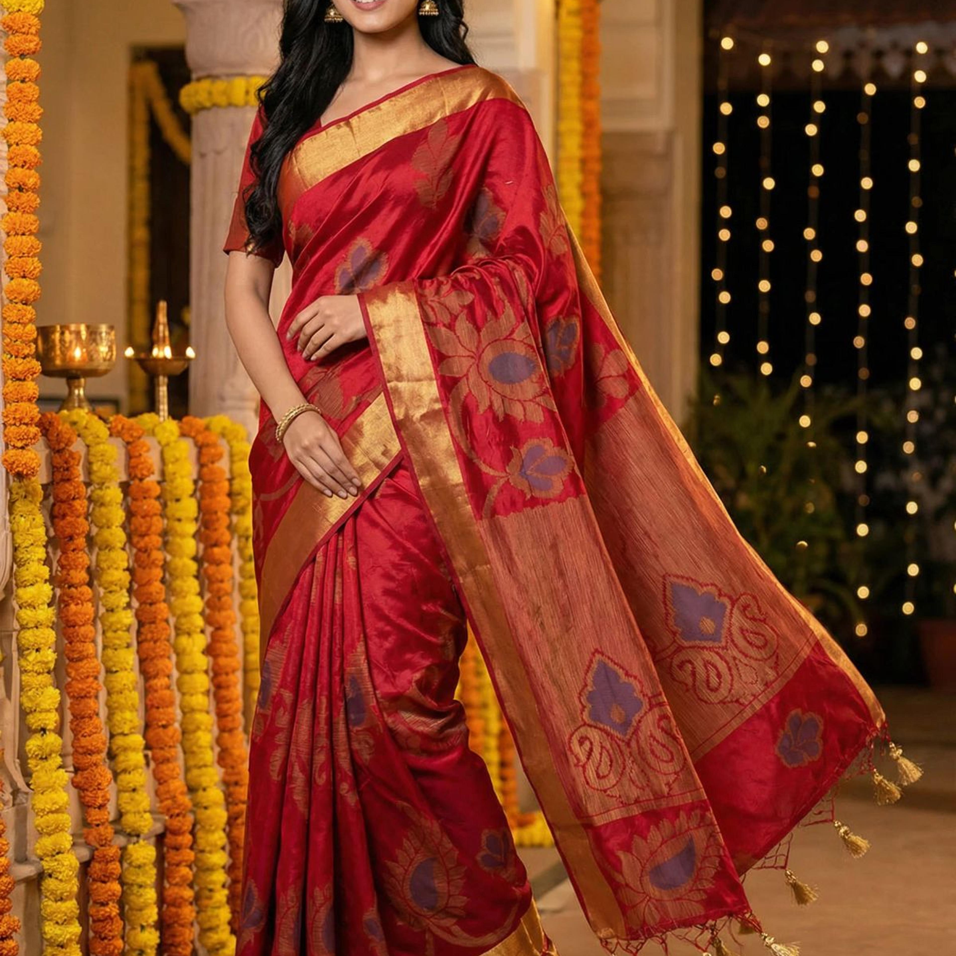 MIMOSA Women's Woven Design Mysore Silk Style Crepe Saree with Blouse Piece - Maroon ( SA00003135MRFREE )
