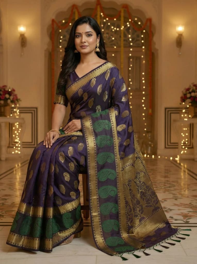 MIMOSA Women's Woven Design Kanjivaram Style Art Silk Saree with Blouse Piece - Navy ( SA00003149NVFREE ) — photo 7