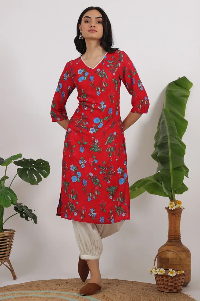 Red Bold Floral Printed Modal Straight Kurta — photo 3