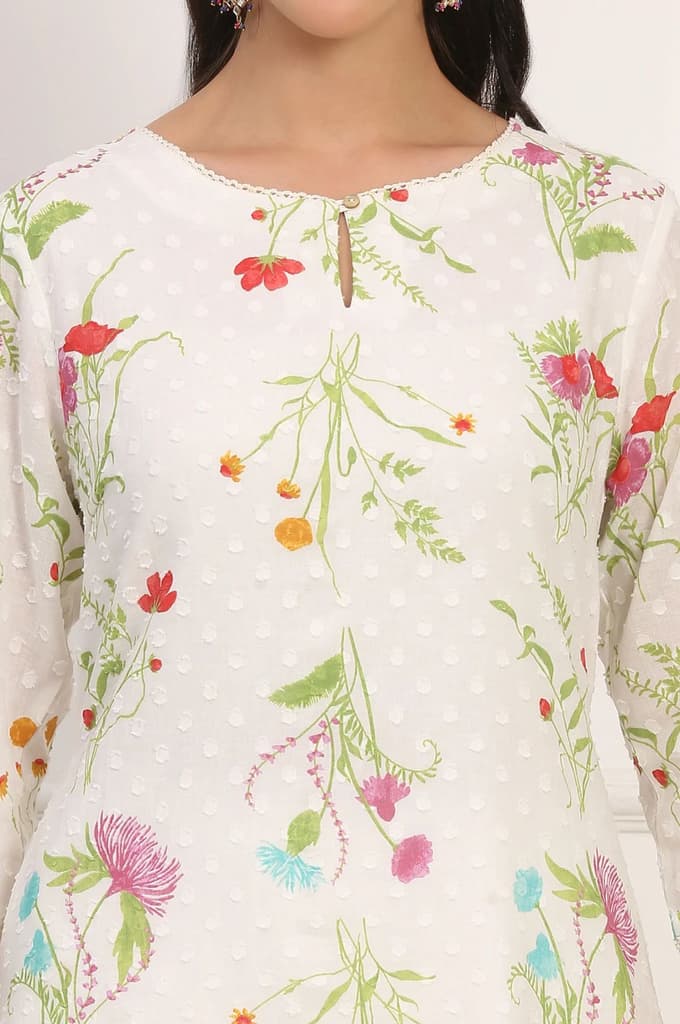 Ecru Floral Printed Straight Pure Cotton Kurta — photo 3