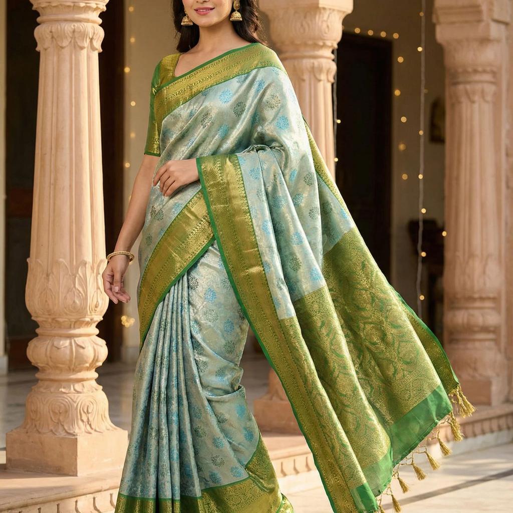 MIMOSA Women's Woven Design Kanjivaram Style Tissue Art Silk Saree with Blouse Piece - Saffire ( SA00002922SFFREE )
