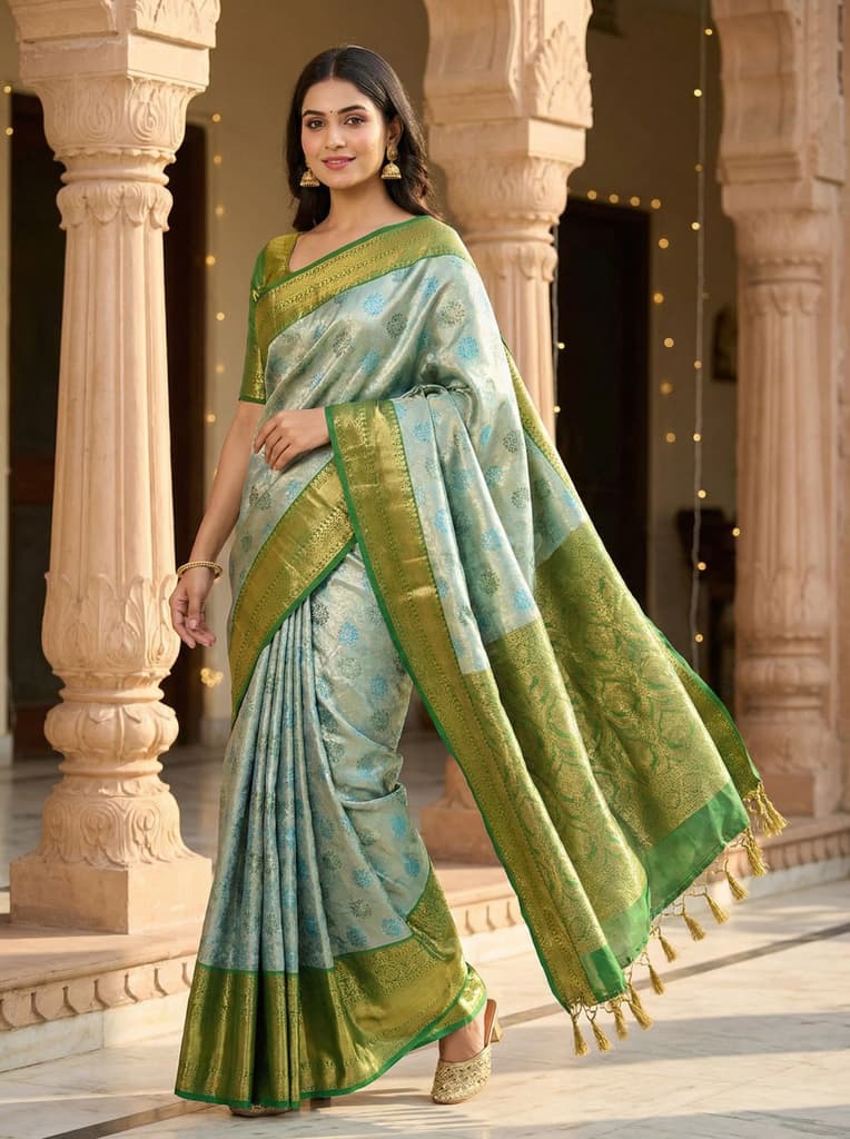 MIMOSA Women's Woven Design Kanjivaram Style Tissue Art Silk Saree with Blouse Piece - Saffire ( SA00002922SFFREE )