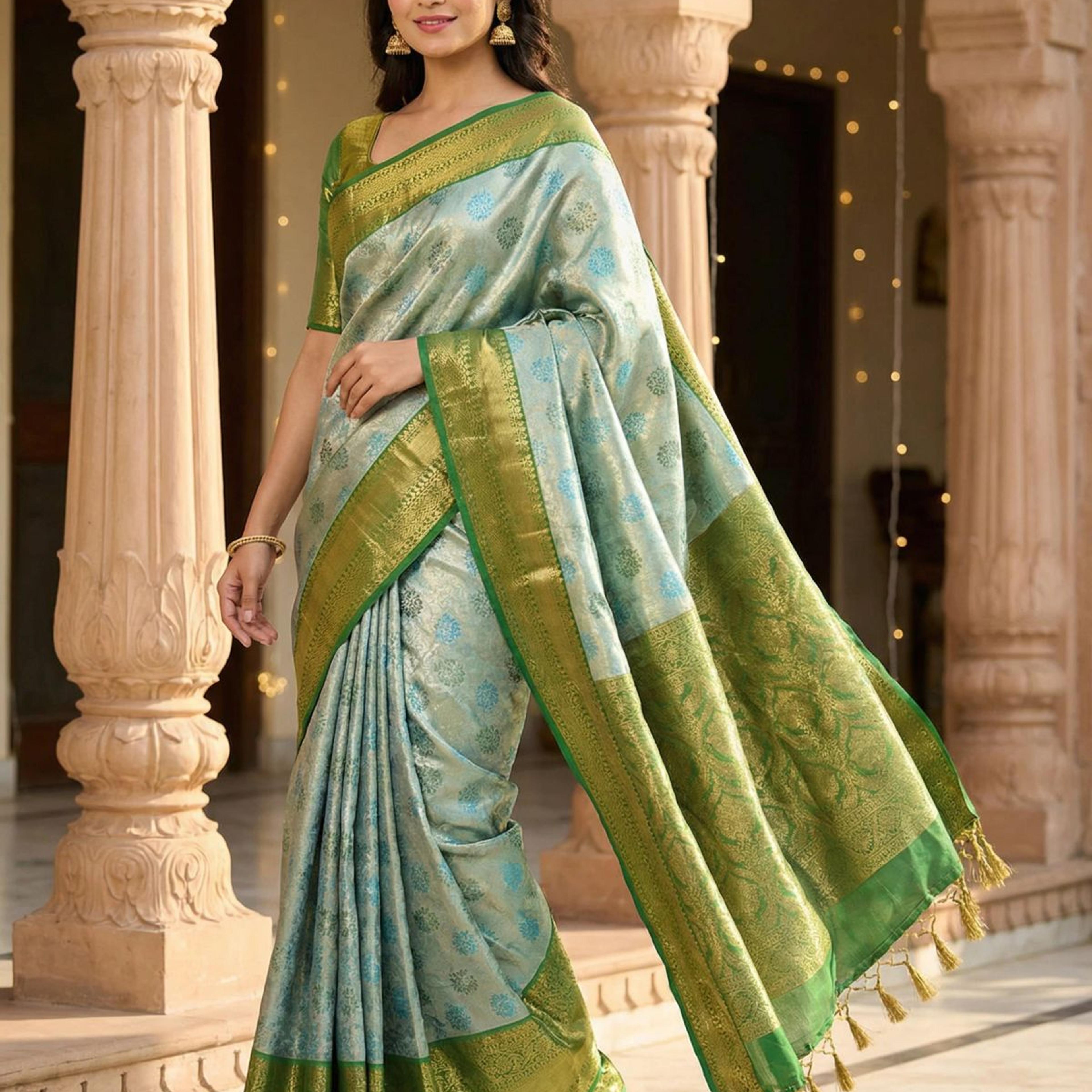 MIMOSA Women's Woven Design Kanjivaram Style Tissue Art Silk Saree with Blouse Piece - Saffire ( SA00002922SFFREE )
