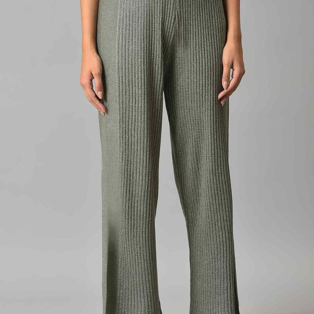 Muted Sage Green Solid Boot Cut Acrylic Palazzo With Elasticated Waist