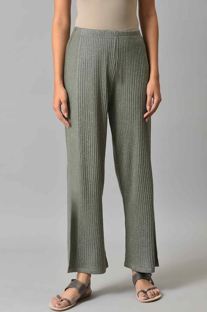 Muted Sage Green Solid Boot Cut Acrylic Palazzo With Elasticated Waist