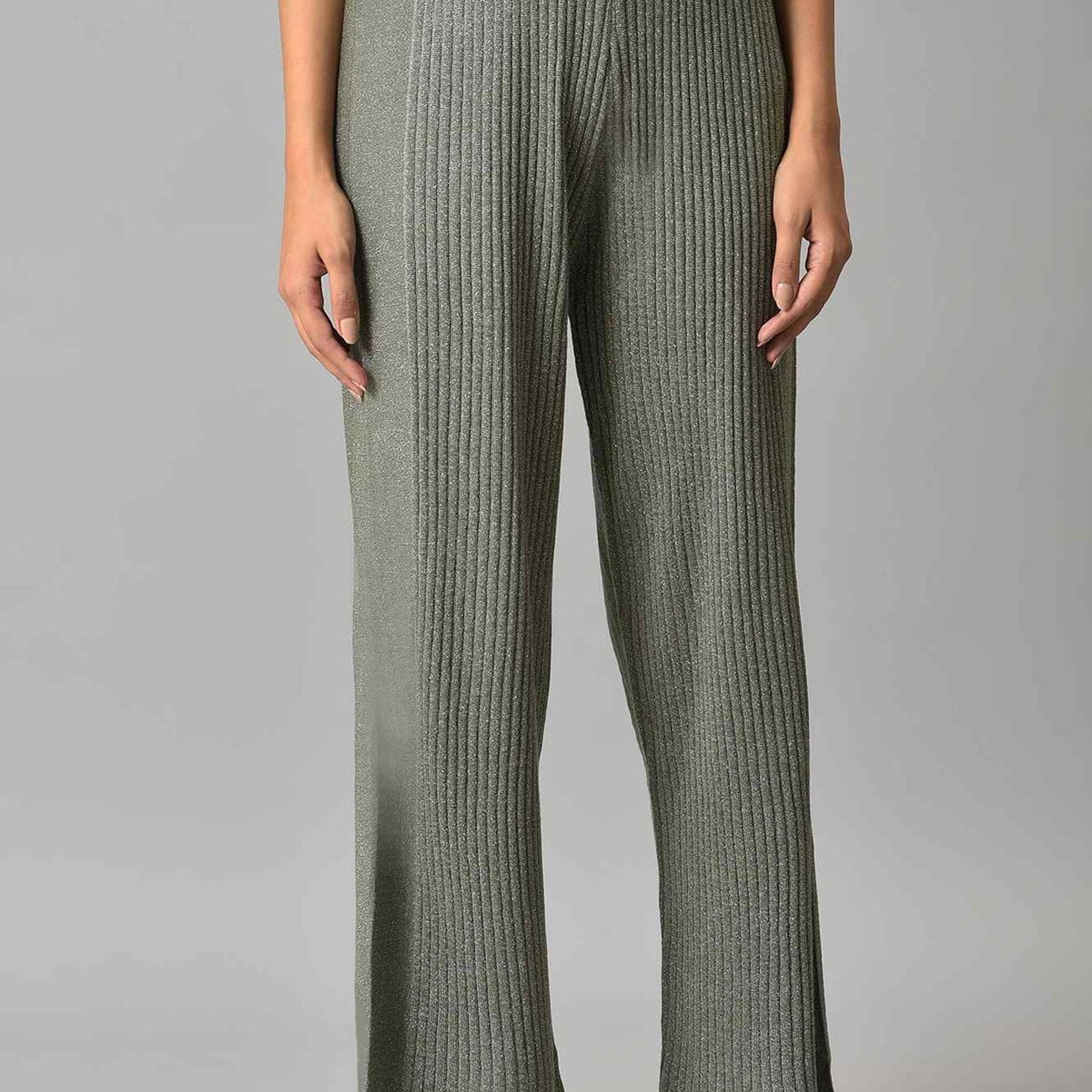 Muted Sage Green Solid Boot Cut Acrylic Palazzo With Elasticated Waist