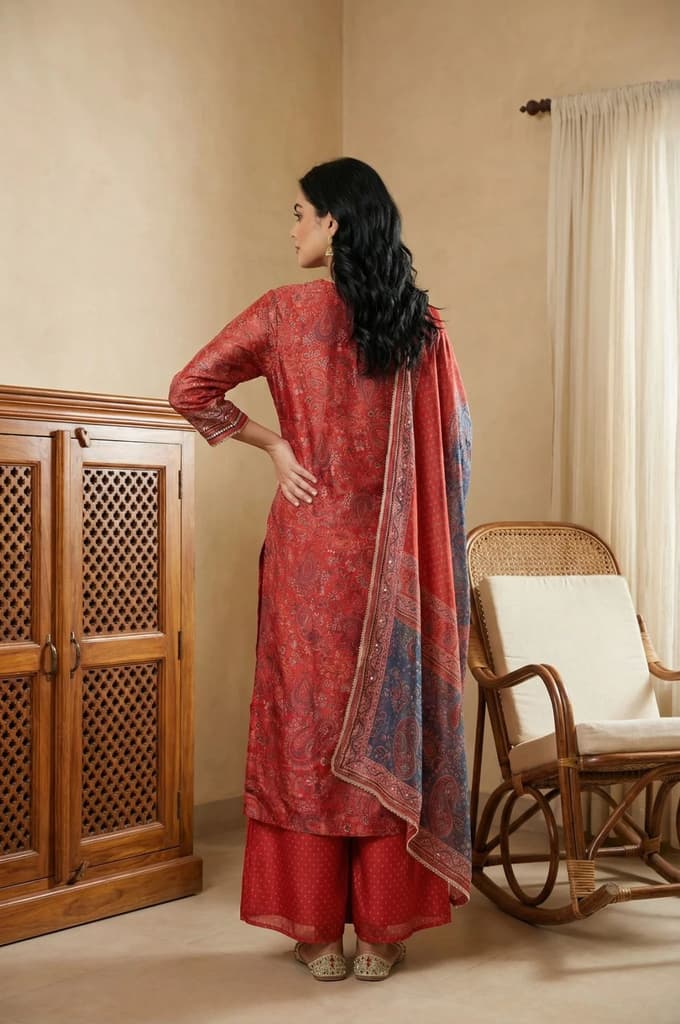 Red Zari Embroidered Paisley Printed Chanderi Straight Kurta with Sharara and Dupatta Set — photo 5