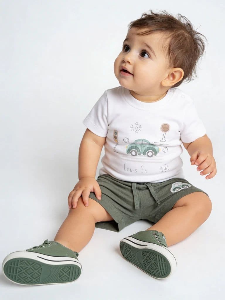 HOP Baby Boys White Printed Cotton T-Shirt and Shorts Set