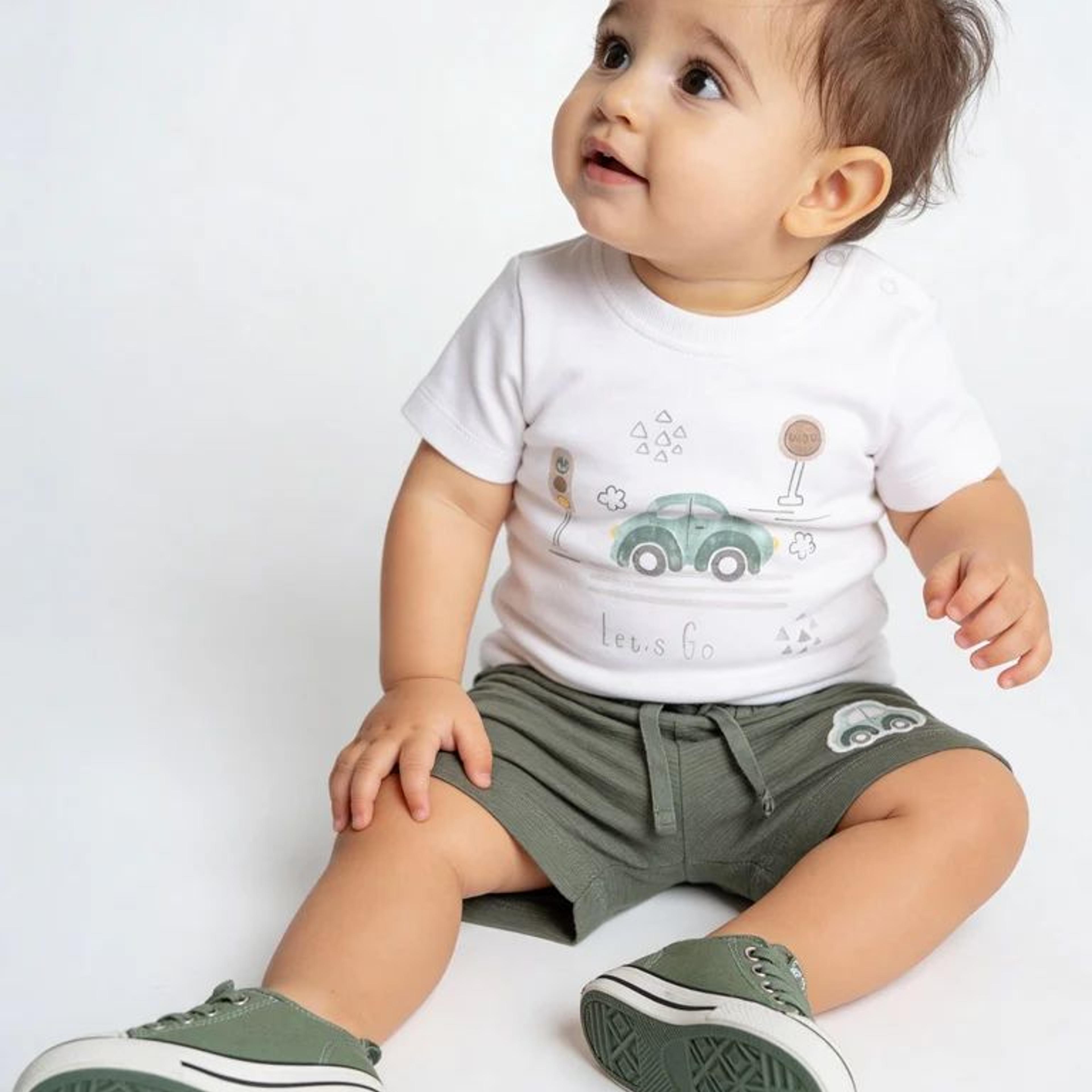 HOP Baby Boys White Printed Cotton T-Shirt and Shorts Set