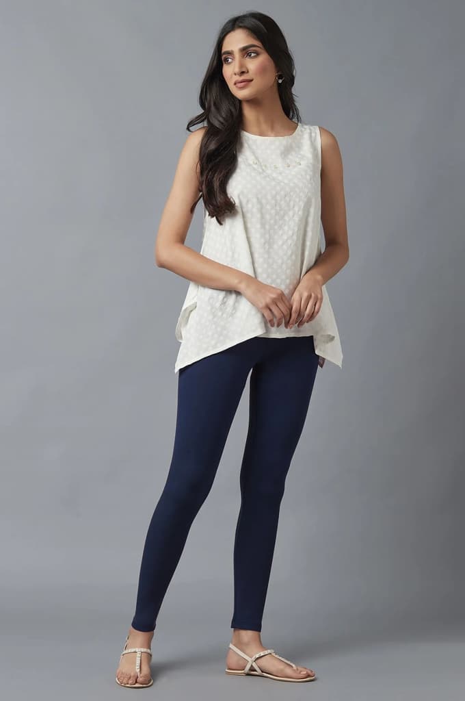 Navy Blue Solid Skinny Fit Cotton Tights With Elasticated Waist — photo 5