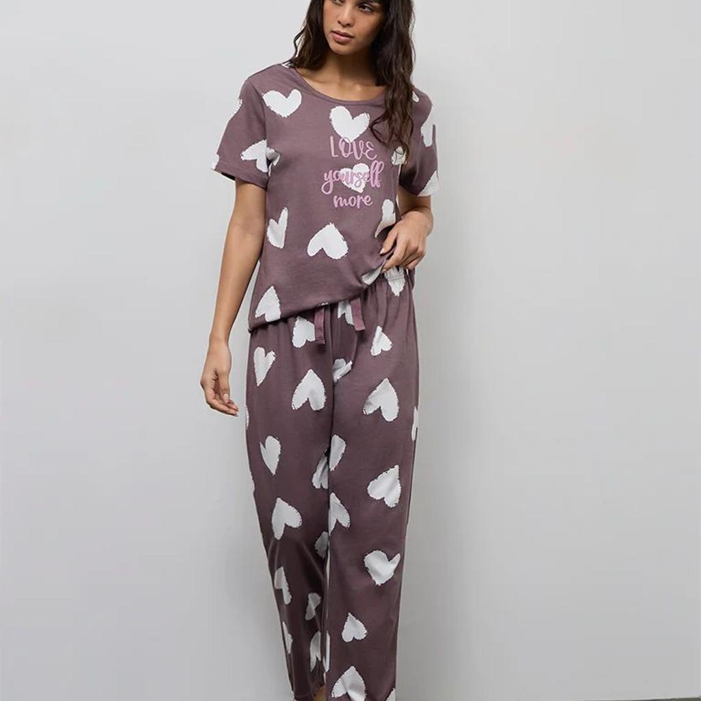 Wunderlove Brown Heart Printed Cotton T-Shirt with Pant Set